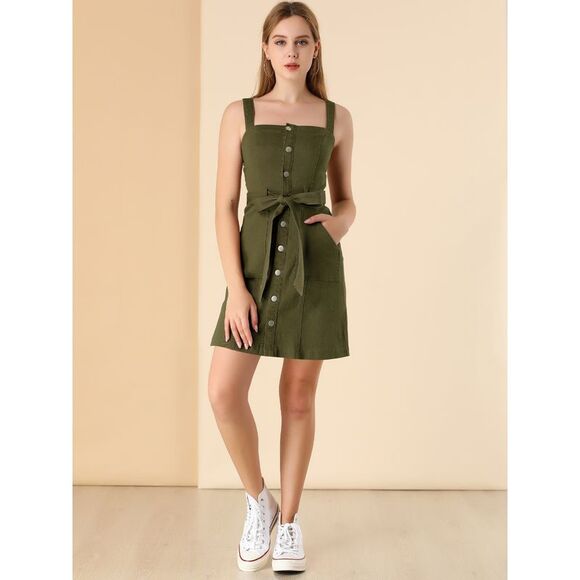 Women's Classic Adjustable Strap A-Line Overall Denim Dress Army Green - Picture 3 of 6